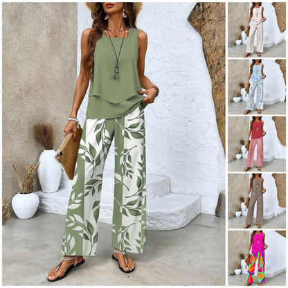 🌺👕👖 PROMO -50% ! Ensemble 2 Pièces Femme – Top sans Manches & Pantalon, Imprimé Tendence, 6 Couleurs, S-3XL