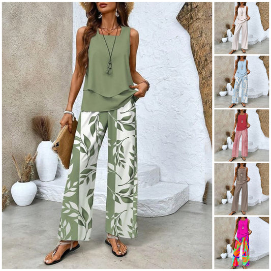 🌺👕👖 PROMO -50% ! Ensemble 2 Pièces Femme – Top sans Manches & Pantalon, Imprimé Tendence, 6 Couleurs, S-3XL