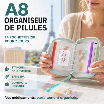💊🛒 -50% ! 🗂️Organisateur de Médicaments A8 Étanche – 14 Grandes Pochettes Zippées, Code Couleur & Design Discret.