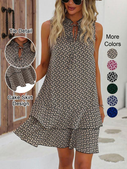 🎉💃💖 DERNIER JOUR DE PROMO -50% ! Robe pour Femme avec Nœud & Motif Géométrique – Coupe Flatteuse, Tissu Doux & Sans Manches (Multi-couleurs, Tailles Variées)
