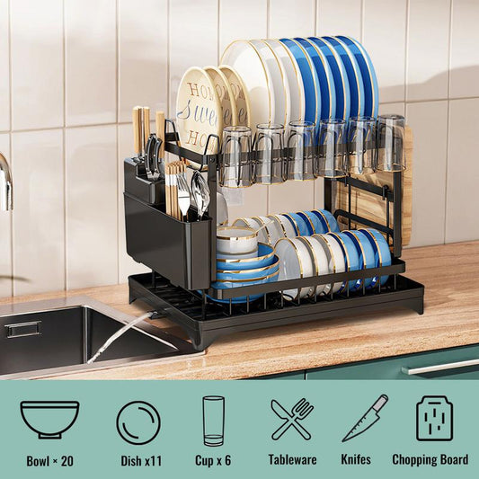 🍽️✨🏠 PROMO -60% ! Égouttoir à Vaisselle 2 Niveaux – Bec Rotatif 360°, Gain de Place & Stable pour Famille (Noir/Blanc)