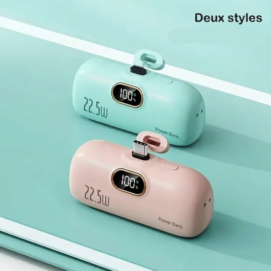 🔋 Mini batterie externe 5000 mAh – Charge rapide 22,5W, 3 ports (USB-C 20W + entrée 18W) – Affichage numérique, compacte (81×28×50 mm) – 4 couleurs (noir/blanc/rose/vert) – Idéale pour voyages et quotidien 🌸