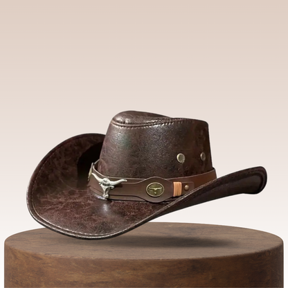 🤠☀️🏕️ PROMO LIMITÉE -50% ! Chapeau Cowboy Anti-UV Respirant – Large Visière, Détails Rivets & Cuir de Vache (Noir/Marron, Taille Unique)