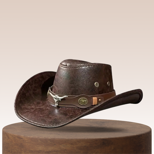 🤠☀️🏕️ PROMO LIMITÉE -50% ! Chapeau Cowboy Anti-UV Respirant – Large Visière, Détails Rivets & Cuir de Vache (Noir/Marron, Taille Unique)