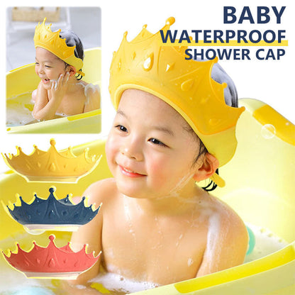 👑 Bonnet de douche imperméable bébé – Bord relevé anti-eau (yeux et oreilles protégés), boucle ajustable – Matériau PP+TPE inodore et antibactérien – Modèle couronne dessin animé (3 couleurs) – Dès 6 mois 🛁✨