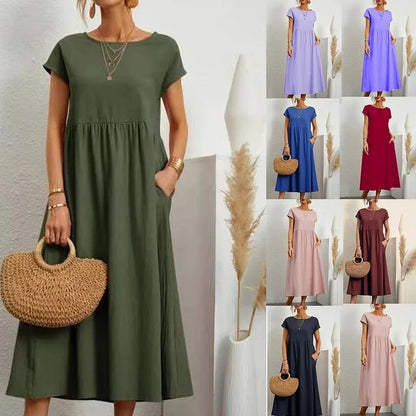 👗🌸🌿 PROMO EXCLUSIVE -50% ! Robe d'Été Sans Manches en Coton & Lin – Coupe Fluide, 2 Poches & Couleur Unie (Multi-Tailles)