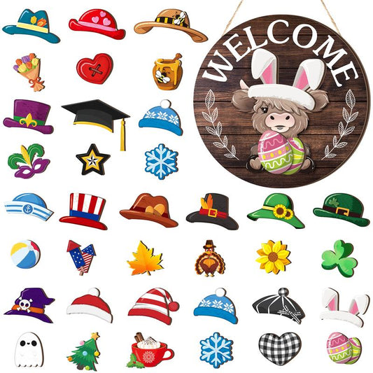 🐇SPRING 2026 HOT SELLER💥Panneau de bienvenue interchangeable Highland Cow avec aimant, chapeaux amovibles et jolis bovins à suspendre