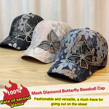 🧢✨🦋 Casquette de Baseball en Mesh – Motif Diamant & Papillon, Design Feminin avec Strass (Ajustable)