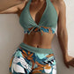 👙🌿🏖️ PROMO -50% ! Maillot de Bain 2 Pièces Col Licou Décolleté en V – Motif Feuilles, Coupe Flatteuse (5 Couleurs, S-XL)