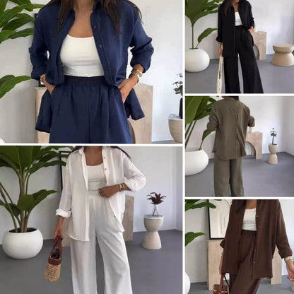 ⏳Limited-time 50% off⏰Womens Fashion Solid Color Loose Shirt Casual Wide Leg Trousers (2 Piece Set)👚👖