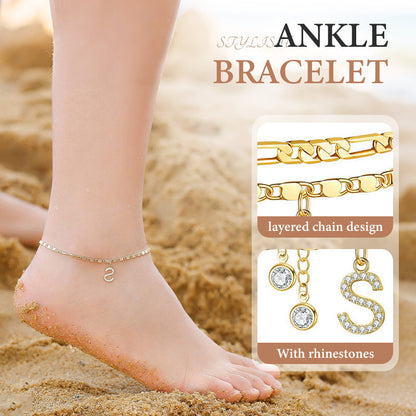 🌟🌹✨ PROMO LIMITÉE -50% ! Bracelet de Cheville Doré Superposé pour Femmes – Pailleté, Réglable & 2 Pièces (Or)