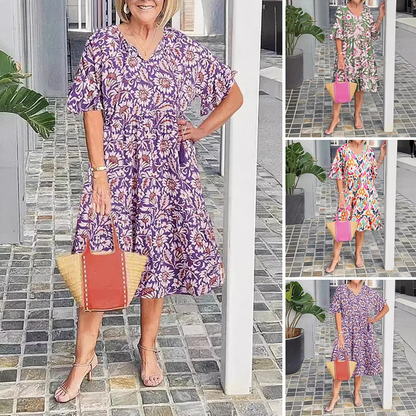 🎉👗🌺 VENTE CHAUDE – PROMO -50% ! Robe Midi Imprimée Col V – 3 Couleurs, 6 Tailles, Tissu Polyester Doux, Manches Fluides, Style Bohème Polyvalent