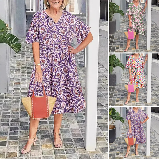 🎉👗🌺 VENTE CHAUDE – PROMO -50% ! Robe Midi Imprimée Col V – 3 Couleurs, 6 Tailles, Tissu Polyester Doux, Manches Fluides, Style Bohème Polyvalent