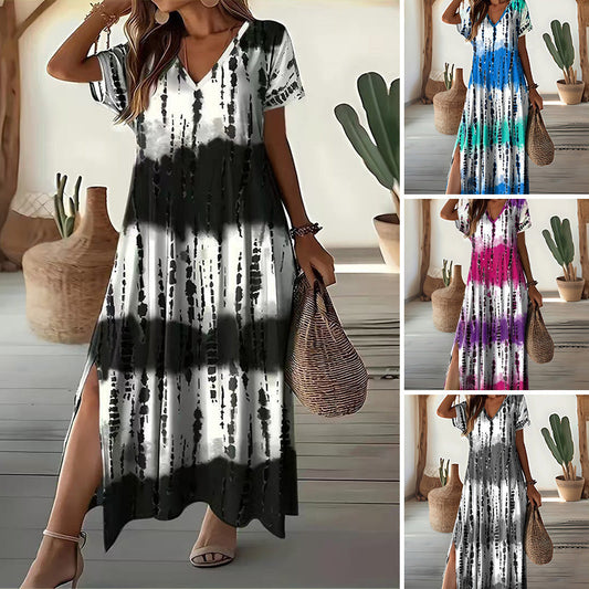 🎉 Soldes 2026 — Plus de 57 000 Vendus !🌸Robe Dégradée Col en V – Tissu Doux, Fentes Latérales, Polyvalente 🌅