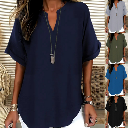👚🔥 PROMO -50% ! Top Ample à Manches Courtes – Col en V, Ourlet Asymétrique, Tissu Léger Respirant, 5 Couleurs, S-2XL