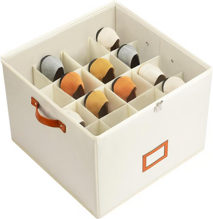 🏷️ PROMO –50 % ⏳ Boîte de rangement pour chaussures pliable – 16 compartiments ajustables, couvercle transparent anti-poussière – Poignées renforcées, 43×43×30 cm – Idéale pour placard et voyage – 2 coloris (beige/gris) 👟📦