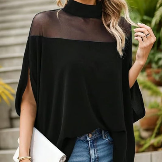💥✨🦇 PROMO LIMITÉE -50% ! Chemisier Chauve-Souris à Col Haut pour Femme – Détail Transparent, Coupe Ample (Noir, S-3XL)