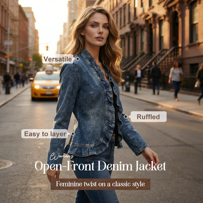 📢👖✨ PROMO -50% ! Veste en Jean Femme à Volants & Ouverture devant – Denim Léger, Tailleur Délavé (Bleu, S-XL)