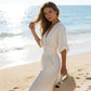 💞✨👗 Combinaison Élégante à Col en V et Jambes Larges – Tissu de Qualité, Ceinture à Nouer & Coupe Décontractée (Bordeaux/Blanc, S-5XL)