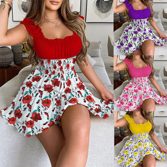 📢⏰🌸 PROMO -50% ! Mini-Robe d'Été à Imprimé Floral & Taille Smockée – Colorblock, Volants & Coupe A (5 Couleurs, S-3XL)