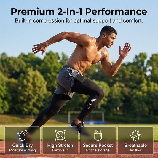 📱👖 PROMO LIMITÉE -50% ! Collant 2-en-1 Homme – Compression & Short, Respirant, Poche Téléphone, 3 Couleurs, S-3XL
