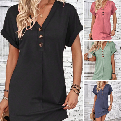 👗✨Robe Femme à Col en V & Manches Roulées – Coupe Intemporelle, Boutons & Tissu Doux