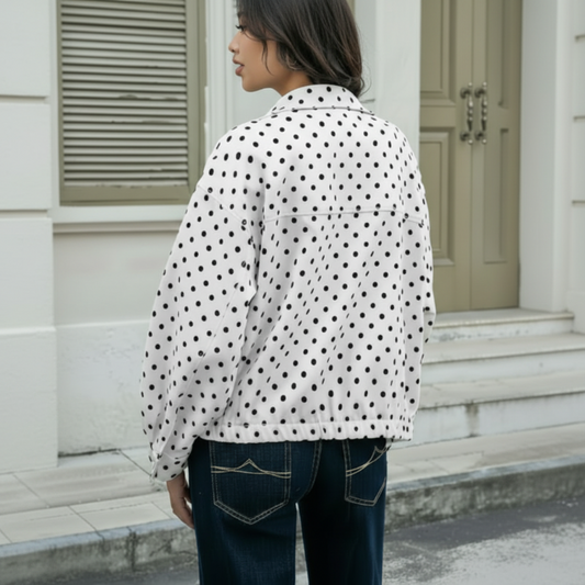 🌺💐 VENTE FLASH PRINTEMPS -50% ! Veste Courte Femme à Pois – Col Montant, Tissu Léger, Tailles XS-L, Blanc/Noir/Marron