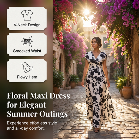✨🌸 PROMO LIMITÉE -50% ! Robe Maxi Fleurie – Encolure en V, Taille Froncée Élastique & Tissu Léger (Rouge/Noir/Bleu, S-2XL)