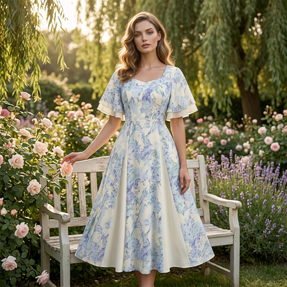 👗🔥🌸 PROMO -50% ! Robe Évasée à Manches Flottantes – Imprimé Floral Vintage, Tissu Fluide & Taille Marquée (Bleu/Blanc, S-5XL)
