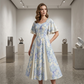 👗🔥🌸 PROMO -50% ! Robe Évasée à Manches Flottantes – Imprimé Floral Vintage, Tissu Fluide & Taille Marquée (Bleu/Blanc, S-5XL)