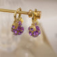 💎👂Boucles d'Oreilles Vintage Dorées – Boule de Cristal Violette, Placage Or & Pendentif Sculpté (Créoles à Clip)