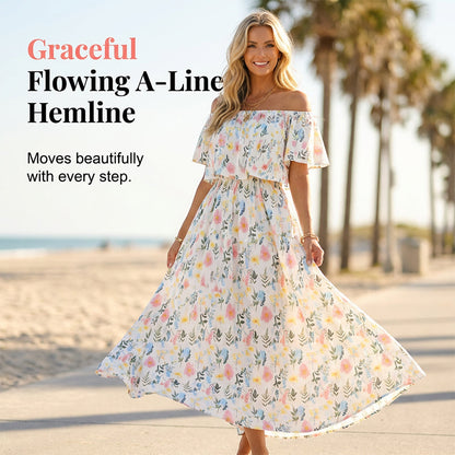 👗 57 % DE RÉDUCTION EN CE MOMENT ! 🌸 Robe longue à manches courtes et épaules dénudées – Imprimé floral, corsage à volants et poches dissimulées ✨