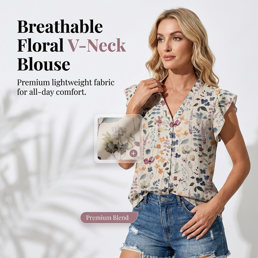Blouse Boutonnée à Imprimé Floral et Col en V pour Femme