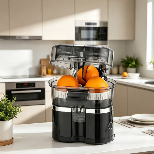 🍊⚡ PROMO -50% ! Presse-agrumes Automatique Double Tête – 2 Vitesses, Extraction & Filtration Haute Performance (Blanc/Noir)