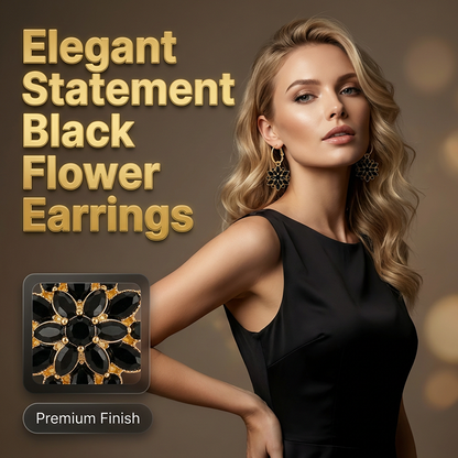 ⏳🖤🌸 PROMO -50% LIMITÉE ! Boucles d'Oreilles Pendantes Élégantes Fleur Noire – Finition Or, Léger & Confortable (Noir)