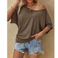 📢👕✨ PROMO -50% ! T-shirt Femme à Épaules Dénudées & Manches Courtes – Coupe Ample, Tissu Léger & Style Décontracté (Gris/Noir/Marron, S-XL)