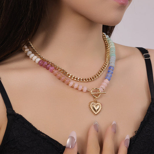 ✨📿🔥 PROMO -50% ! Collier Superposé Arc-en-Ciel Bohème – Chaîne Dorée, Perles Colorées & Cœur (Doré, 38+5 cm)