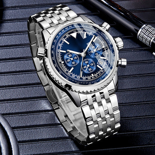 ⌚✨💼 PROMO FLASH -50% ! Montre Homme Classique Multifonction – Chronographe, Étanche 30M, Acier Inox (Argent/Or, Cadran Bleu/Vert/Gris)