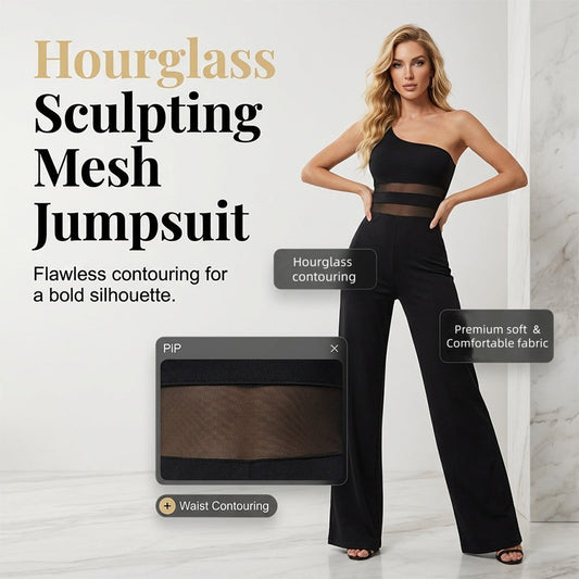 💃✨🌹 PROMO -50% ! Combinaison Maille Uni-Épaule – Large Jambes, Transparente & Sculptante (Noir, S-5XL)