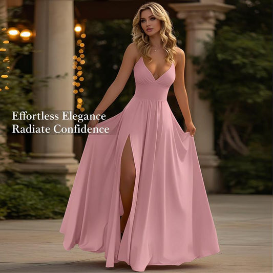 ✨👗Robe Longue à Col en V & Bretelles Fines – Fente Haute, Taille Cintrée (8 Couleurs, S-XXL)