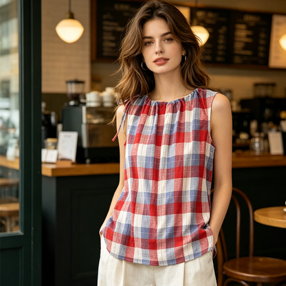 Top Sans Manches À Épaules Nouées À Carreaux pour Femme