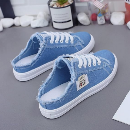 📢⏰👟 PROMO -50% ! Baskets Mules en Jean pour Femme – Style Effiloché, Semelle PVC & Confort Maxi (Bleu/Blanc/Noir, 36-43)
