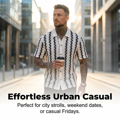 👔✨🍂 PROMO LIMITÉE -50% ! Chemise Homme Rétro Motif Géométrique Tricoté – Respirante, Col Contrasté (Blanc/Café, S-XXL)