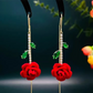 🌹✨💎 PROMO -50% ! Boucles d'Oreilles Rose Rouge avec Tige en Cristal – Style Threader, Micro-Incrustation & Design Romantique (Or avec Vert)