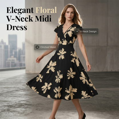 🌸50 % de réduction👗Robe décontractée à imprimé, col en V et volants pour femme✨