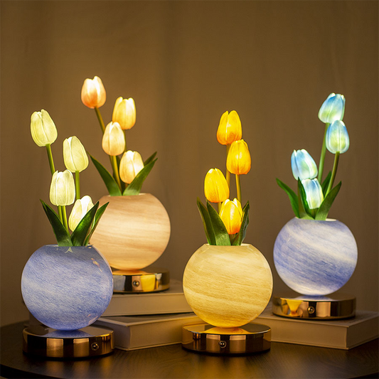 💡 Veilleuse Bouquet de Tulipes – Verre & Métal – Lueur Douce & USB for Chambre & Nursery