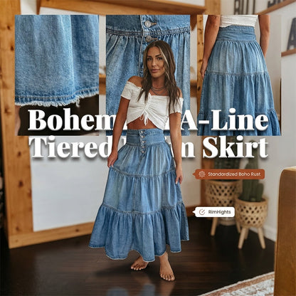 💙👗🌿 PROMO -50% ! Jupe Maxi en Denim Évasée à Taille Haute pour Femme – Coupe A-Line, Boutonnée, Bleu Denim (S-XL)