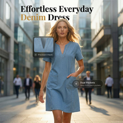👗✨ OFFRE LIMITÉE -50% ! Robe en Denim pour Femmes – Col en V, Manches Courtes, Coupe Décontractée, Multi Tailles