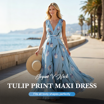 🌼 Robe longue élégante à col en V avec imprimé tulipe