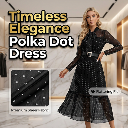 ✨💃 Robe mi-longue élégante à pois avec lien noué au cou